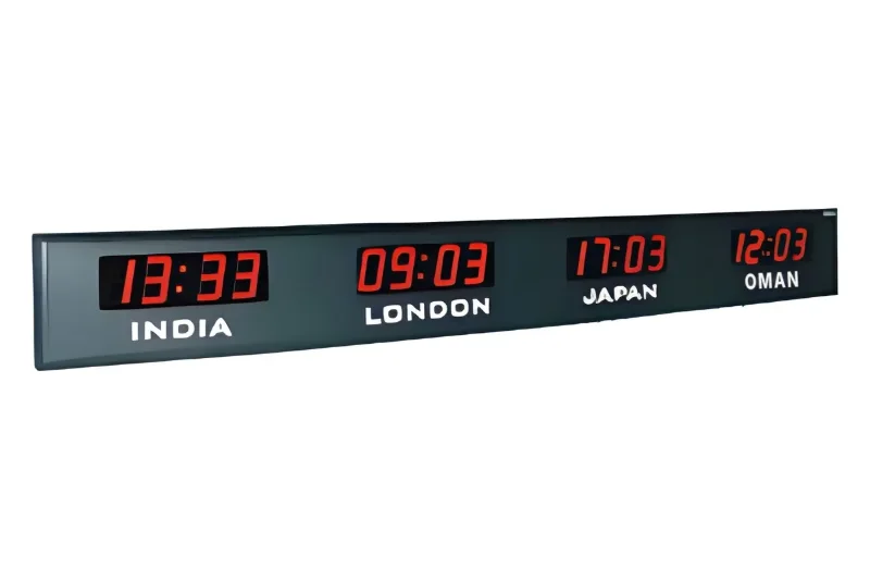 World Time Zone LED Clock showing India, London, Japan and Oman time – Brim Clocks Chennai